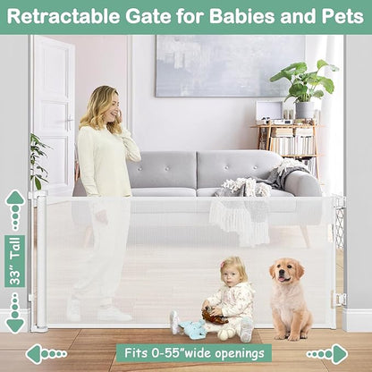 55 Inch Retractable Baby Gates for Dogs Indoor Retractable Dog Gates for The House Retractable Gate for Kids Outdoor Dog Gate for Decks Pet Gate for Stair Deck Gate Child Gate for Doorways (White)