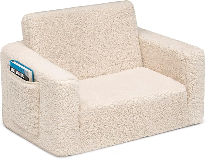Delta Children Cozee Flip-Out Sherpa 2-in-1 Convertible Chair to Lounger for Kids, Cream
