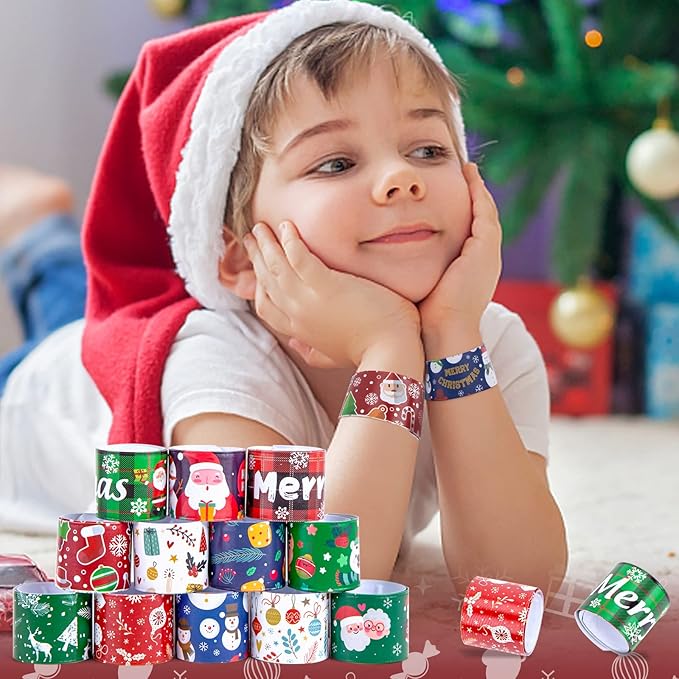 MCPINKY Christmas Slap Bracelets, 48PCS Slap Wristbands Bulk 12 Different Christmas Styles Snap Wristbands for Boys Girls Christmas Party Favors