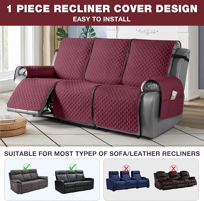 TAOCOCO Recliner Sofa Slipcover Couch Covers for 3 Cushion Couch, Pet Sofa Cover for 3 Seat Recliner Sofa, Washable Reclining Sofa Cover Furniture Protector with Elastic Straps(3 Seater, Wine)