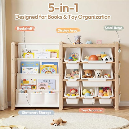 Fodoss Book Shelf for Kids Rooms - Toy Storage Organizer with Bookshelf, Solid Wood Kids Bookshelf with 7 Bins, Side Storage Pockets, Large Toy Organization for Nursery, Natural Pine