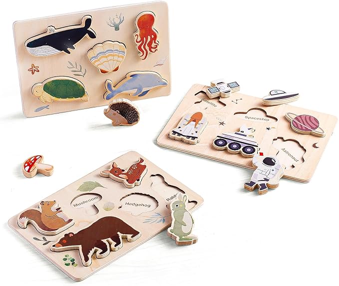 IEATFO 3 Packs Space Ocean Forest Wooden Chunky Puzzles for Toddlers, Wood Puzzles for Kids, Insert Puzzles Each Piece Fits Perfectly, Sturdy and Pegless, Educational Toys