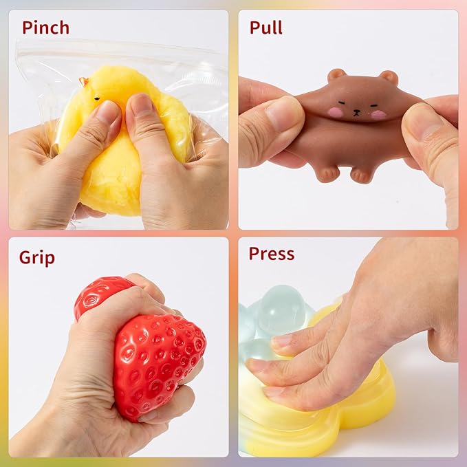 12 Pcs Taba Squishy Toys Pack Include (1 Strawberry,1 Cat Paw,1 Cookie,1 Hamster,1 Chick,1 Penguin,6 Mochi) Cute Taba Sensory Stress Relief Toys,Squishy Fidget Toys Adults,Party Favors Gifts for Kids