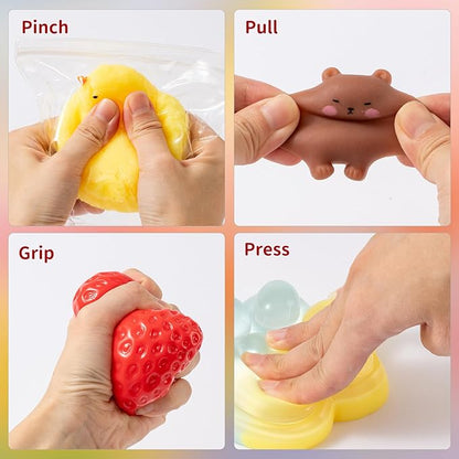 12 Pcs Taba Squishy Toys Pack Include (1 Strawberry,1 Cat Paw,1 Cookie,1 Hamster,1 Chick,1 Penguin,6 Mochi) Cute Taba Sensory Stress Relief Toys,Squishy Fidget Toys Adults,Party Favors Gifts for Kids