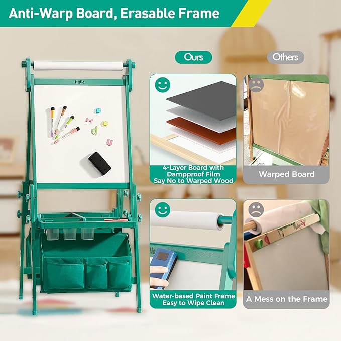 FUNLIO Foldable Anti-Warping Kids Art Easel, 3 Height Adjustable Toddler Easel, All-in-One for Kids Aged 3-8 with Paper Roll, Standing Easel with Magnetic Chalkboard/Whiteboard - Viridian Foldable