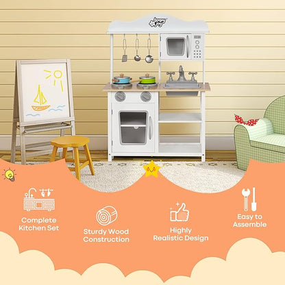 HONEY JOY Kids Wooden Kitchen Playset with Microwave, Sink, Stove & Oven, Cooking Accessories, Storage Shelf, Pretend Play Toy Kitchen Set, Gift for Boys Girls