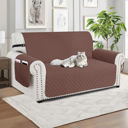 XINEAGE Loveseat Sofa Cover Waterproof Couch Covers for 2 Cushion Couch, Soft Washable Slipcover with Pockets & Non-Slip Elastic Straps, Thick Furniture Protector (Loveseat, Coffee)