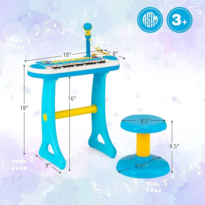 Costzon 31-Key Kids Piano Keyboard Toy, Toddler Electronic Musical Instrument Educational Toy w/Microphone, Multiple Sounds, Record Playback, Lights & Stool, Birthday Gift for Girls Boys Age 3+, Blue