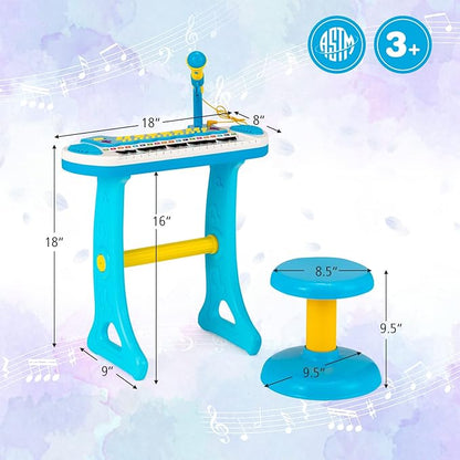 Costzon 31-Key Kids Piano Keyboard Toy, Toddler Electronic Musical Instrument Educational Toy w/Microphone, Multiple Sounds, Record Playback, Lights & Stool, Birthday Gift for Girls Boys Age 3+, Blue