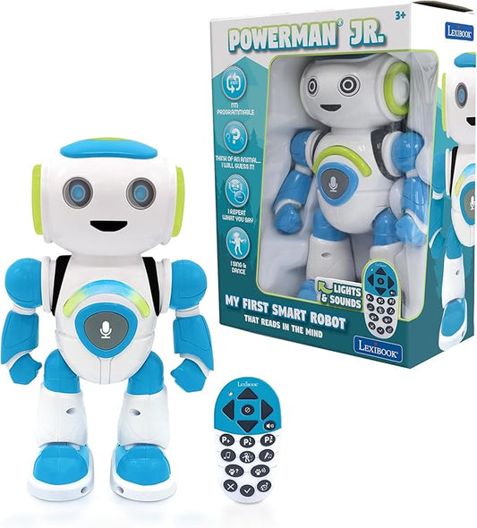 Lexibook - Powerman Jr. Smart Interactive Toy That Reads in The Mind Toy for Kids Dancing Plays Music Animal Quiz STEM Programmable Remote Control Boy Robot Junior Green/Blue - ROB20EN