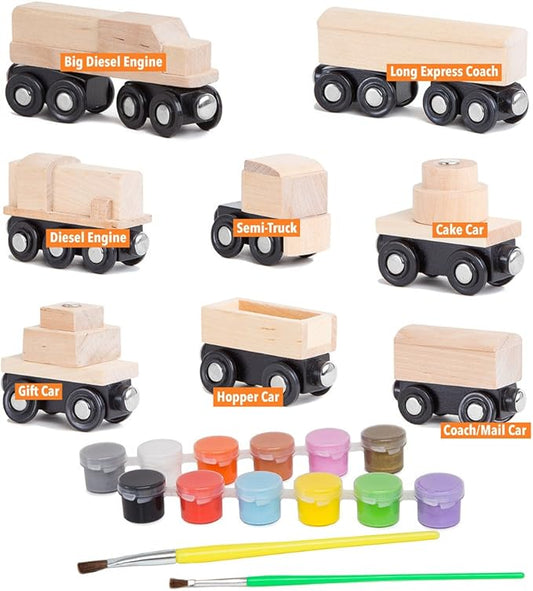 Orbrium 8 Unpainted Train Cars with 12 Colors Paint and Paint Brushes Set for Wooden Railway Compatible with Thomas, Chuggington, Brio, for Birthday Party Train Theme