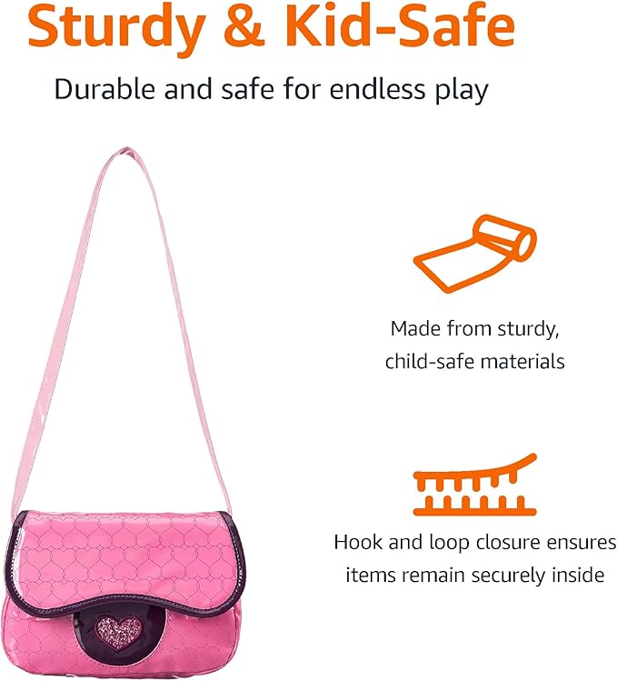 Amazon Basics 8-Piece Pretend Play Purse Toy with Accessories for Girls Ages 3 and Up, Kids Toy Handbag Gift Set Including Smartphone, Sunglasses, Pretend Makeup Kit, Keys and Credit Card, Pink