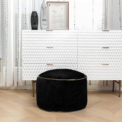 Round Stuffed Pouf Ottoman 20x20x12 Inches Faux Fur Ottoman Foot Rest Under Desk Foot Stool Great for Living Room Bedroom Small Furniture (Black)