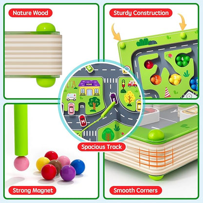rifamee 2 in 1 Magnetic Color and Number Maze Magnet Alphabet Counting Double Sided Board Wood Puzzle Fine Motor Skills Montessori Preschool Toys Gifts for Boys and Girls 3-5 Age (Big Car, One Size)