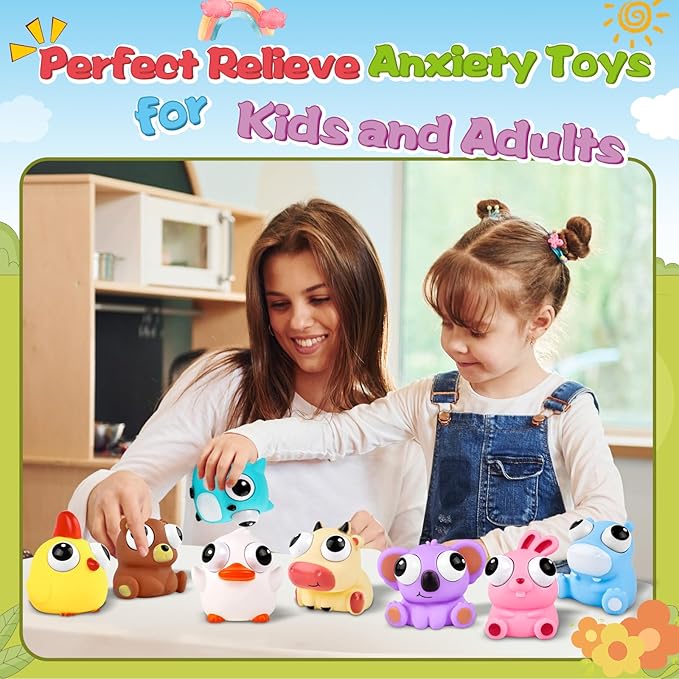 8 Pack Animal Squishy Fidget Toys, Cute Squishies Toys for Kids Adults, Pop Out Eyes Toy, Popping Eye Stress Relief Toy, Easter Basket Stuffers, Party Favors, Goodie Bag Stuffers and Classroom Prizes