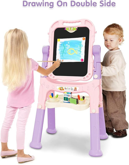 Kids Art Easel, Adjustable Drawing White Board & Chalk Board, Toddler Standing Easel with Painting Accessories, Gift for Girls Boy (Pink)