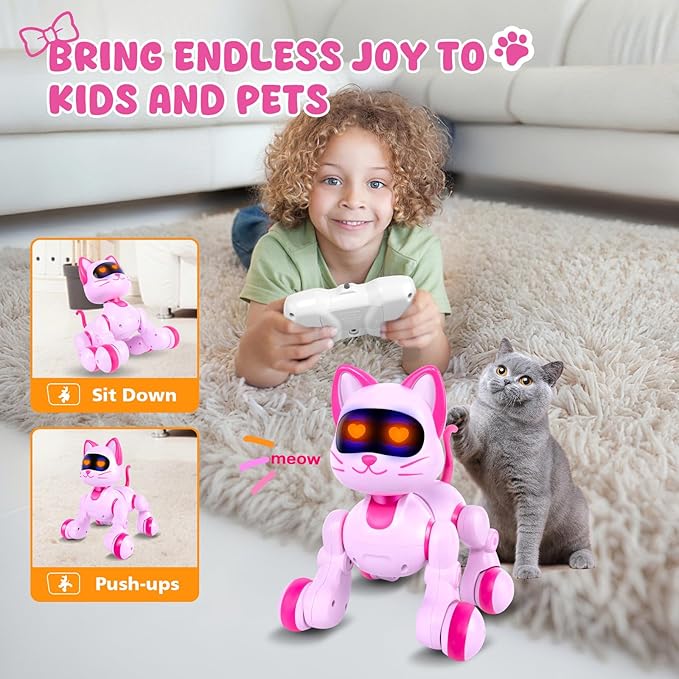 Robot Cat Interactive Toys for Girls: Remote Control Electronic Pink Kitty Pet for Kids Age 3-5 4-6 Gifts for 3 4 5 6 7 8 Year Old Girls RC Toys with Touch Sensing Gestures Birthday Gift Ideas