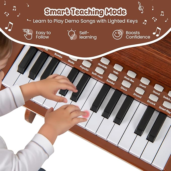 HONEY JOY Wooden Kids Piano, 25 Lighted Keys Kids Keyboard Piano w/Music Stand, Bench, Early Learning Educational Musical Instrument, Baby Music Toy for 3+ Years Old Toddlers Boys Girls (Brown)