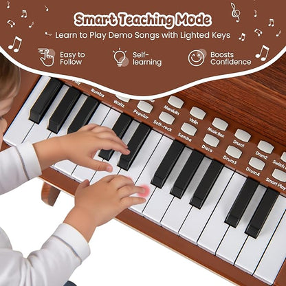HONEY JOY Wooden Kids Piano, 25 Lighted Keys Kids Keyboard Piano w/Music Stand, Bench, Early Learning Educational Musical Instrument, Baby Music Toy for 3+ Years Old Toddlers Boys Girls (Brown)
