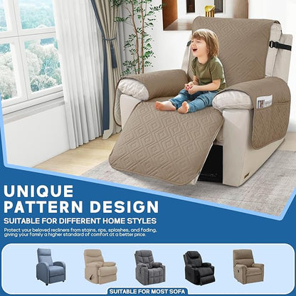XINEAGE 100% Waterproof Recliner Cover, Non Slip Recliner Chair Cover with Elastic Band, Washable Recliner Slipcover with Storage Pockets for Kids, Pets (Khaki, 25")