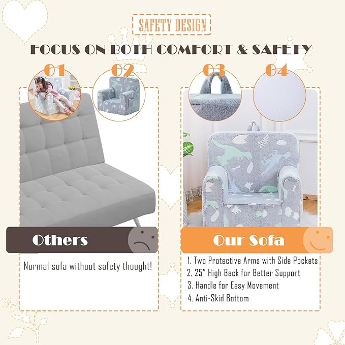Snuggly-Soft Cuddly Toddler Plush Armchair for Boys and Girls Glowing Grey Fuzzy Plush Kids Sofa Couch Reading Chair with Children Friendly Handle for Easy Movement & Double Pockets for Storage