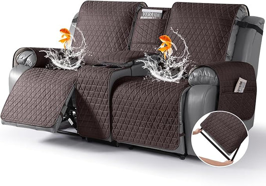 TAOCOCO 100% Waterproof Recliner Cover -Loveseat Recliner Cover with Center Console,Non-Slip Reclining Couch Covers for 2 Seat,with Elastic Straps Pocket for Kids, Dogs(Chocolate, 2 Seater XL)