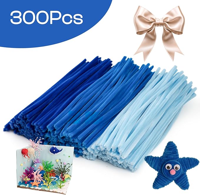 Caydo 300 Pieces Blue Pipe Cleaners, Thick Fluffy Chenille Stems, Pipe Cleaner Crafts for Arts & Crafts, Perfect for Making Animals, Flowers, and Mother's Day Decorations