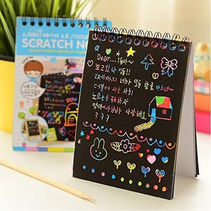 Kidivo Small Size Kid's Rainbow Scratch Book Magic Doodle Scratch Art Activity 2 Notebooks Or Note Pad of 8 Pages with One Stick for Arts and Crafts Kids (Small Size) Pack of 10 Multicolor