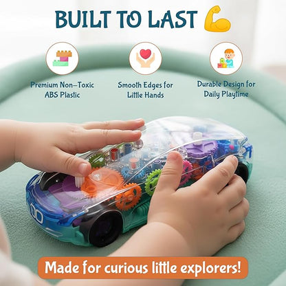 Transparent Sensory Gear Toy Car for Kids, Bump & Go Toy Car with Colorful Moving Gears, Music & LED Lights, Interactive Light Up Toys for Toddlers, Boys & Girls, Great Birthday Gift