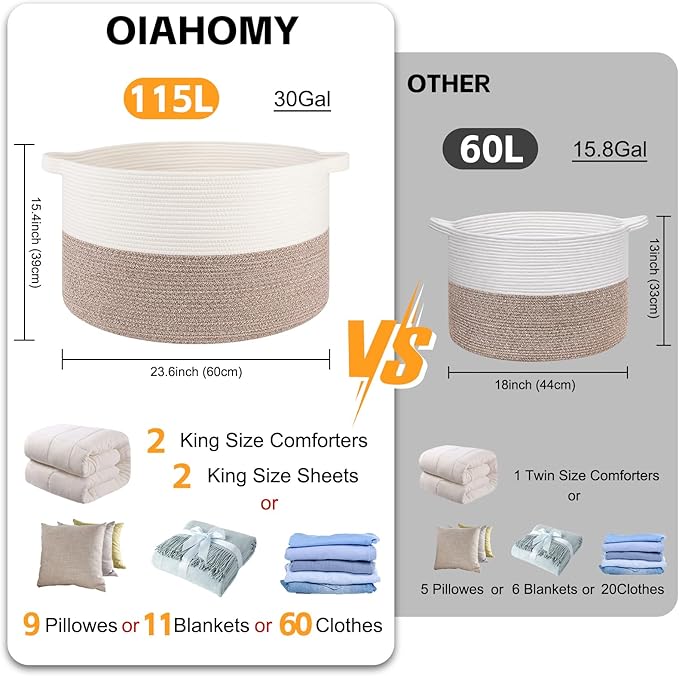 OIAHOMY 115L Extra Large Blanket Basket, 23.6" x 15.4" Woven Cotton Rope Laundry Basket for Organizing Pillows, Decorative Stuffed Animal Toy Storage Bin for Nursery, White and Linen Brown