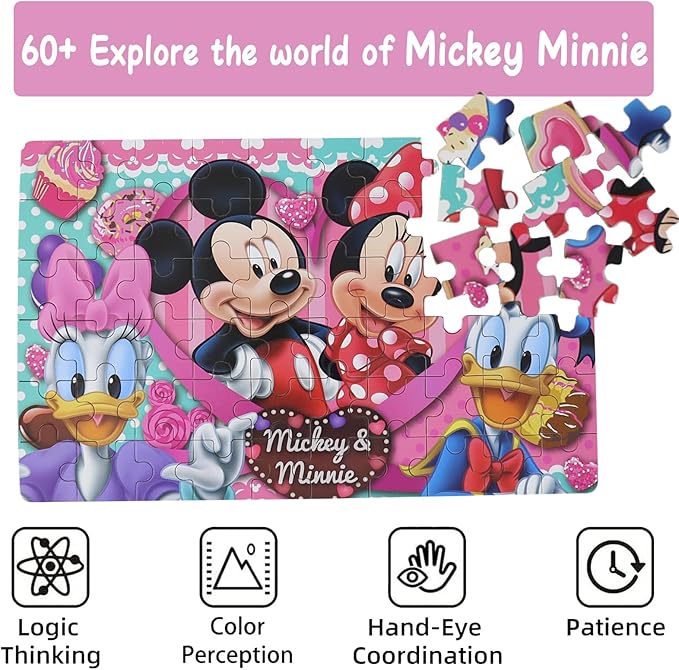 Mickey Mouse Puzzles for Kids Ages 4-8 60 Pieces Puzzles for Kids Ages 3-5 Minnie Mickey Puzzle for Girls and Boys Toys Jigsaw Puzzles in a Metal Box Educational Puzzles (Minnie Mickey 0686)