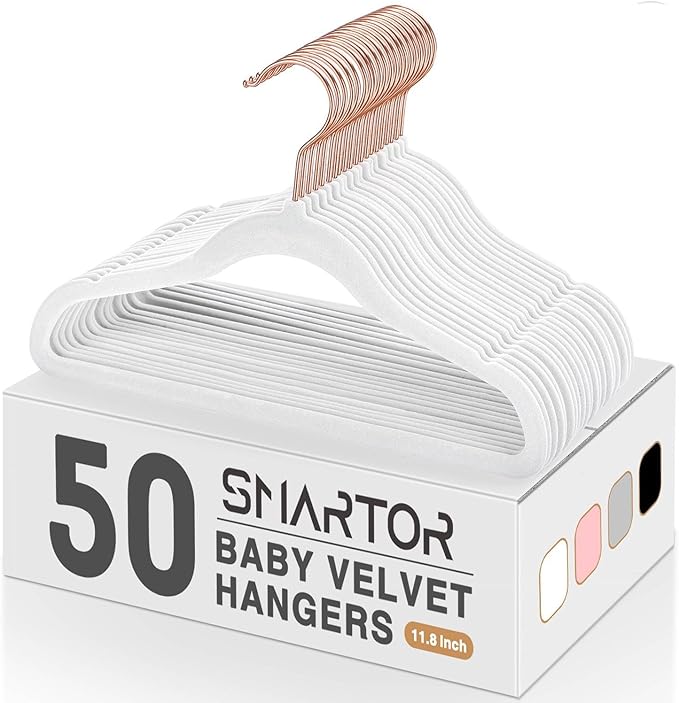 Smartor Premium Baby Hangers Velvet for Closet 50 Pack, 11.8" Durable Kids Felt Hangers Non Slip for Toddler, Baby Clothes Hangers for Childrens on Closet Storage (Rose Gold Hook)- White
