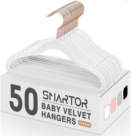 Smartor Premium Baby Hangers Velvet for Closet 50 Pack, 11.8" Durable Kids Felt Hangers Non Slip for Toddler, Baby Clothes Hangers for Childrens on Closet Storage (Rose Gold Hook)- White