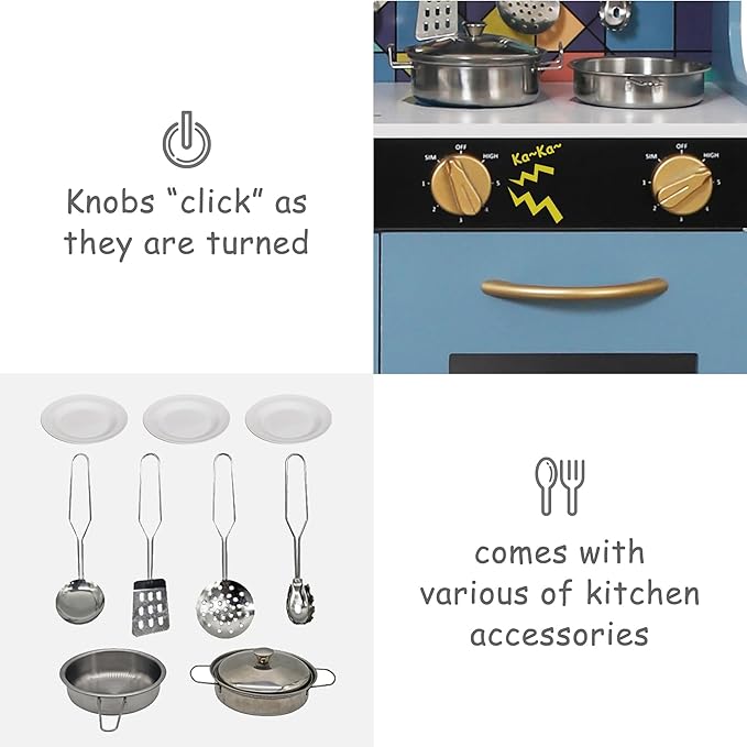 Wooden Play Kitchen Toy Set with Light, Kids Children Pretend Toy Kitchen Playset, Sink Play Toy Oven with Microwave,Toddler Cooking Set Toy for Ages 3+ Baby Girls Boys (Blue)