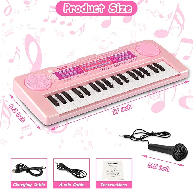 Kids Piano Keyboard Toys, 37 Keys Music Keyboard Piano for Kid with Microphone, Learning Educational Toddler Keyboard Toys for Kids Ages 3-8 (Pink)