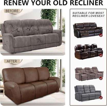Recliner Couch Cover Leather Look Recliner Sofa Covers for 3 Cushion Reclining Sofa Slipcovers 8-Pieces Furniture Protector Spandex Fabric Washable (3 Seater, 01 Brown)