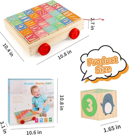 Joqutoys Wooden Building Blocks for Toddlers 1-3, Large Wood Baby Stacking Blocks Set for Kids, 30 PCS Alphabet Blocks with Toy Wagon, Educational Wooden Toys for Boys Girls Gifts 1.65"
