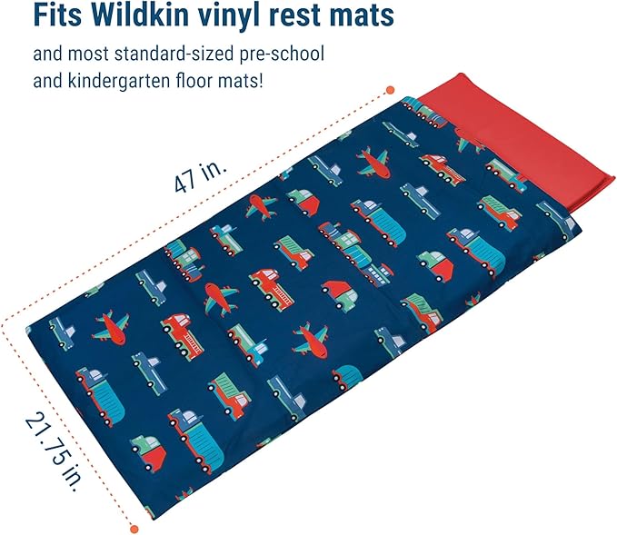 Wildkin Kids Nap Mat Cover for Boys & Girls, Sewn-in Flap Design Rest Mat Cover, Perfect for Preschool and Daycare, Fits Our Vinyl Nap Mat up to 1.5 Inches Including Basic Sleep Mat (Transportation)