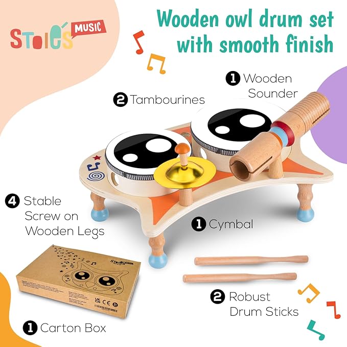 Stoie's Owl Drum Set for Toddlers 3-5 - Wooden Percussion Musical Instruments for Kids with Cymbals, Wooden Spunder, Tambourines, Drumsticks