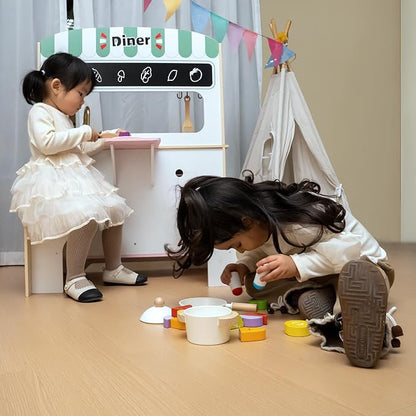 Garsing Play Kitchen Pretend for Kids Toddlers, Double Sided Toy Kitchen and Restaurant with Realistic Features, Wooden Toy Kitchen Sets with Storage and Accessories, Age 3+, Pink