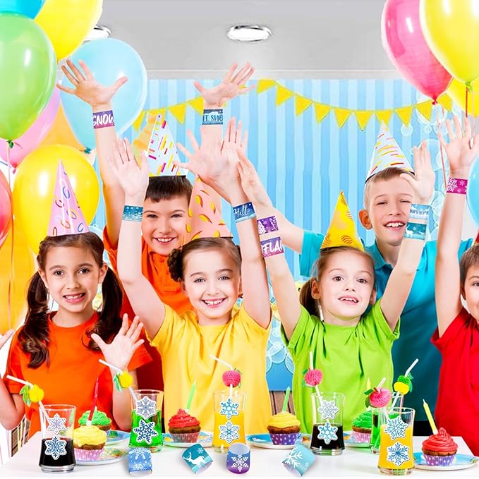 74 PCS Snowflake Party Favors, 24 PCS Snowflake Slap Bracelets 50 PCS Snowflake Stickers Snowflake Birthday Party Decorations Supplies Gifts for Kids Classroom Rewards