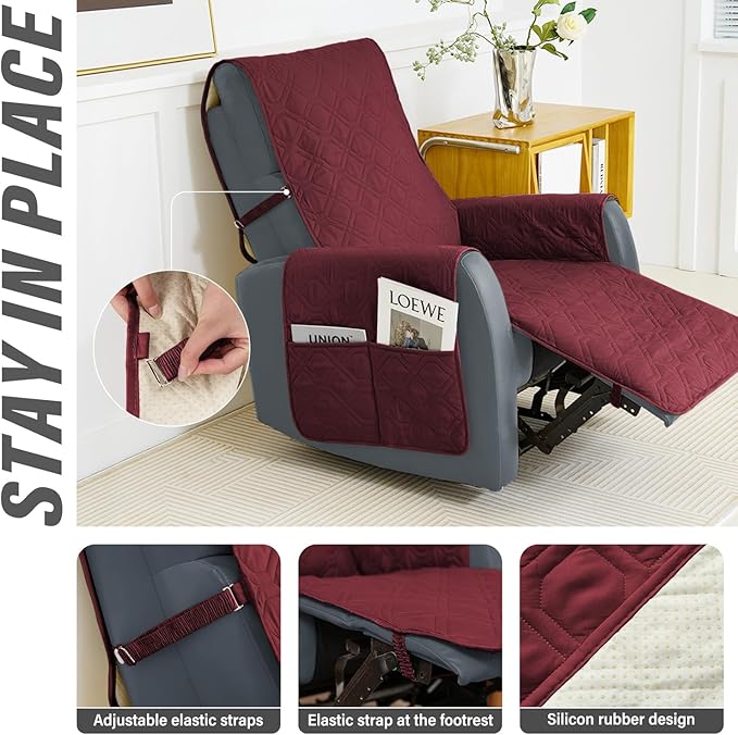 Recliner Chair Cover Sofa Slipcover Non-Slip Chair Couch Cover Machine Washable Furniture Protector with Straps for Dogs(Burgundy, 30inch Recliner)