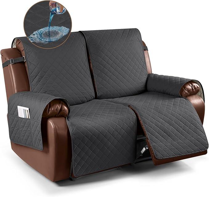 KinCam Waterproof Loveseat Recliner Cover, Non-Slip Reclining Couch Covers for 2 Seat, Recliner Sofa Cover Furniture Protector with Elastic Straps for Kids, Pets, Charcoal Gray