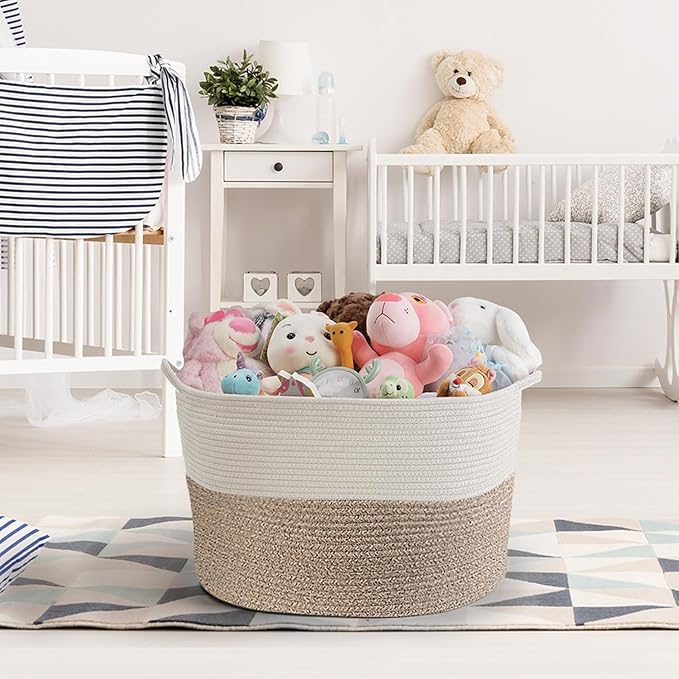 Throw Blanket Basket for Living Room, Extra Large Cotton Rope Basket for Storage, Woven Laundry Towel Hamper with Handles, Baby Toy Storage, 22" x 22" x 14" Pillow Bin