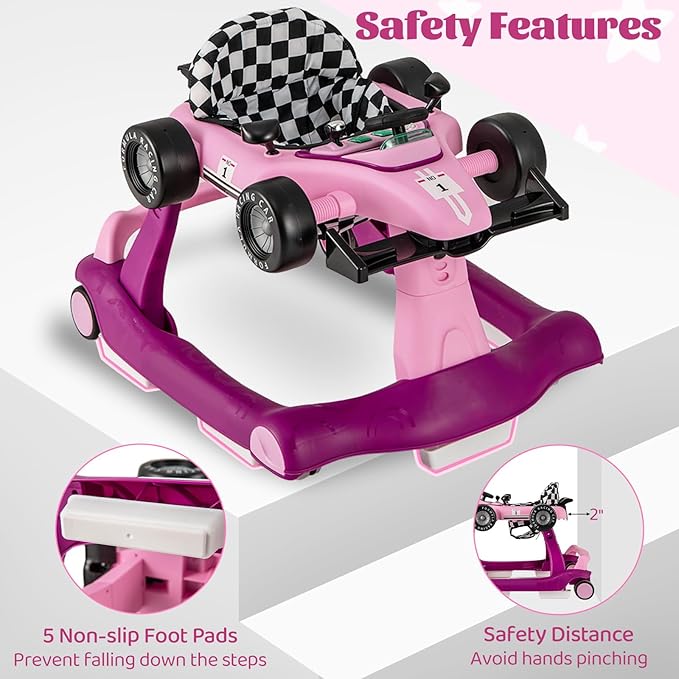 GLACER Foldable Baby Walker, 4-in-1 Infant Walker with Adjustable Height & Speed, Music, Light, Steering Wheel & Washable Cushion, Baby Walker Activity Center for Boys Girls 6 –18 Months (Purple)