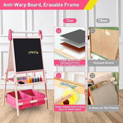 FUNLIO Anti-Warping Kids Art Easel, 3 Height Adjustable for Kids Aged 2-8, All-in-One Toddler Easel with Paper Roll & Erasable Frame, Standing Easel with Magnetic Chalkboard/Whiteboard (Pink)