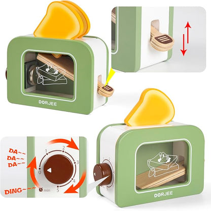 Dorjee Wooden Pop Up Toaster Set 15 Pcs Play Kitchen Playset - Play Toaster Wooden Toy Food Kids Gift Girls & Boys Toddler