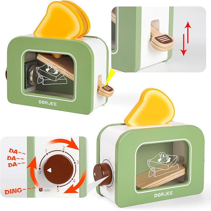Dorjee Wooden Pop Up Toaster Set 15 Pcs Play Kitchen Playset - Play Toaster Wooden Toy Food Kids Gift Girls & Boys Toddler