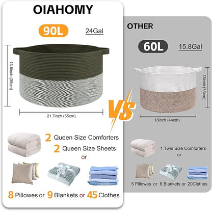 OIAHOMY 90L XXXLarge Blanket Basket for Living Room, 21.7" x 13.8" Woven Cotton Rope Laundry Basket for Organizing Pillows, Decorative Stuffed Animal Toy Storage Bin for Nursery, Green and Grey