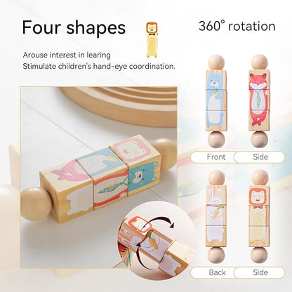 Promise Babe Wooden Animal Puzzle Toy for Toddlers 1-3, Rotating Spin Twist Blocks Set of 2, Learning Educational Montessori Toy Gifts for Kids Boys Girls, Fox and Tiger